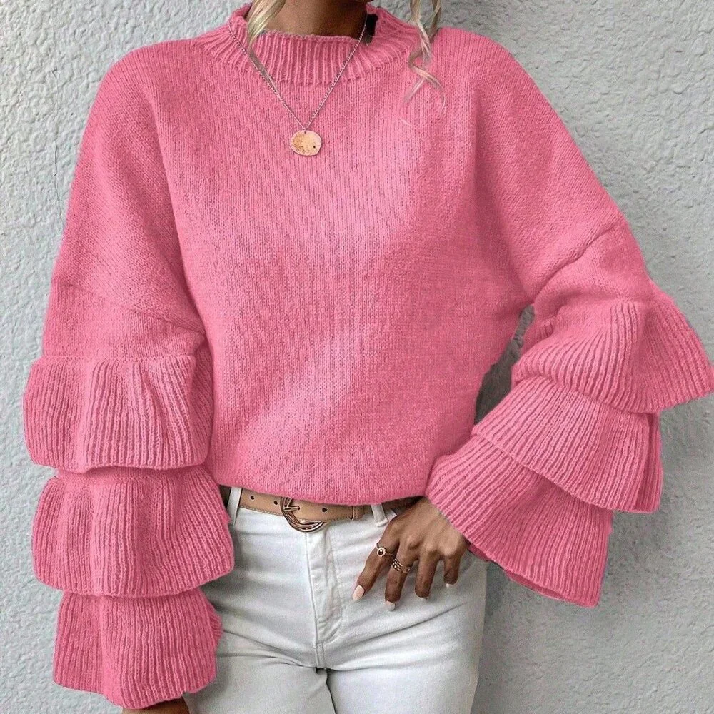 Pink Casual Women's Round Neck Patchwork Ruffle Flare Sleeve Sweater
